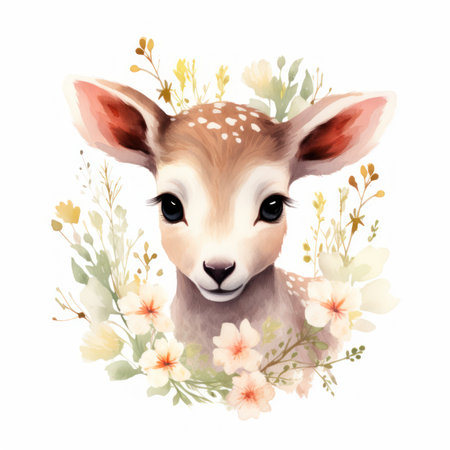 Spring Baby Deer with Minimalist Flowers AI Generatedの素材
