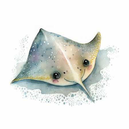 Adorable Watercolor Handpainted Stingray Clipart for Baby Book AI Generatedの素材