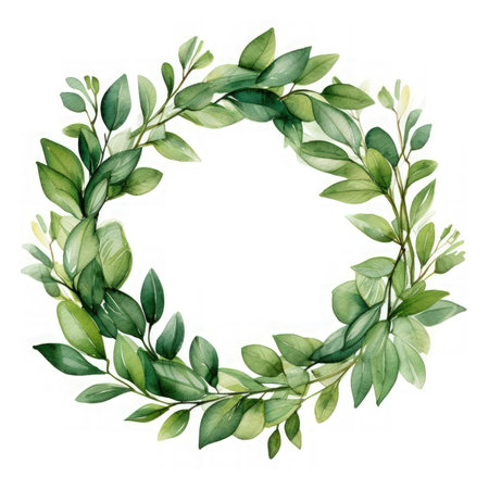 Elegant Watercolor Greenery Round Frame on White Background AI Generatedの素材