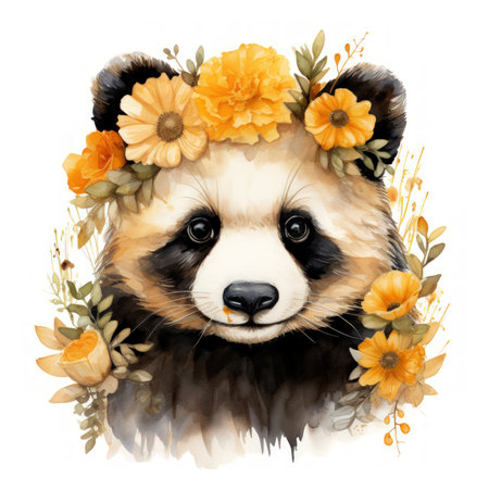 Whimsical Watercolor Panda with Sunflower Crown Clipart on White Background AI Generatedの素材