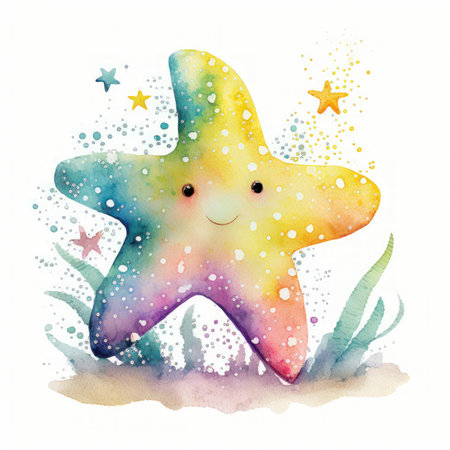 Colorful Watercolor Starfish Clipart for Baby Book on White Background AI Generatedの素材