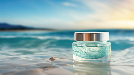 Luxurious Jar of Skin Care Cream at Ocean Wave AI Generatedの素材