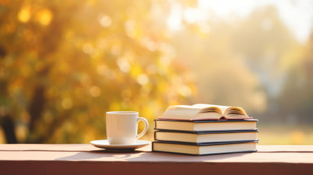 A Stack of Books on a Table Next to a Cup of Coffee AI Generatedの素材
