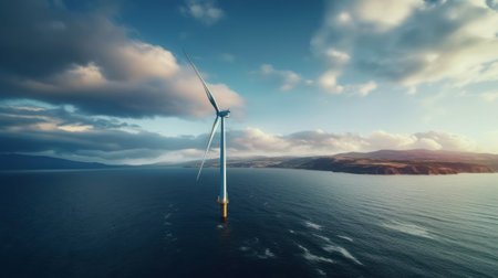 Powerful Wind Turbine Harnessing Energy in Stormy Ocean AI Generatedの素材