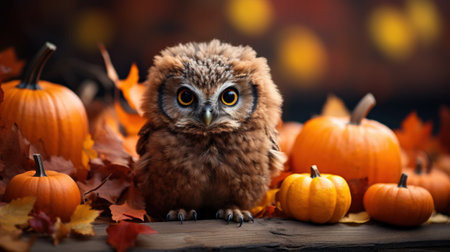 Enchanting Autumn Forest Background with Baby Owl AI Generatedの素材
