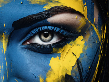 Vibrant Woman Covered in Blue and Yellow Paint AI Generatedの素材