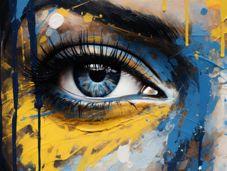 Vibrant Woman Covered in Blue and Yellow Paint AI Generatedの素材