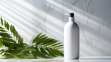 Blank White Cosmetic Bottle Mockup with Tropical Palm Leaves AI Generatedの素材