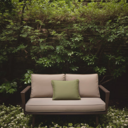 Sofa in Lush Green Garden: Japanese and Scandinavian Minimalist Style Interior Design AI Generatedの素材
