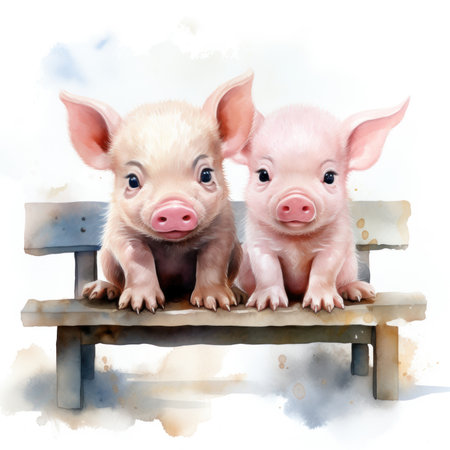 Cute and Fluffy Baby Pigs Sitting on a Bench - Watercolor Clipart AI Generatedの素材
