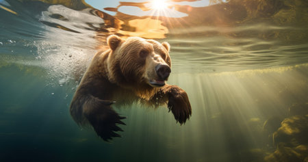Bear Swimming Underwater with Sunlight AI Generatedの素材