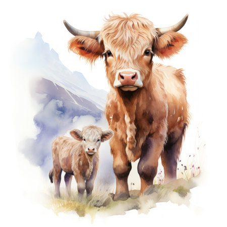 Baby Cow and Mother in Scottish Mountains Watercolor Clipart AI Generatedの素材