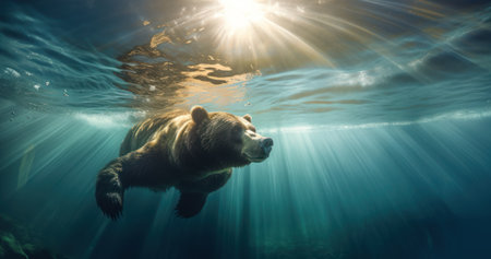 Bear Swimming Underwater with Sunlight AI Generatedの素材