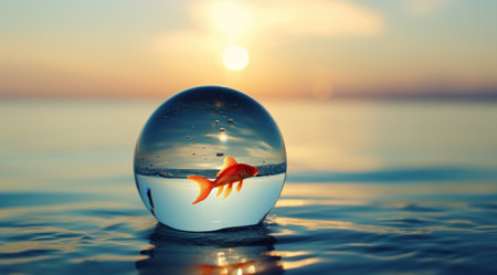 Playful Goldfish Leaping from Glass into Water AI Generatedの素材