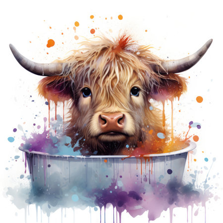 Adorable Highland Cow Relaxing in a Colorful Bubble Bath AI Generatedの素材