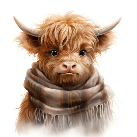 Adorable Baby Highland Cow with Scarf Clipart on White Background AI Generatedの素材