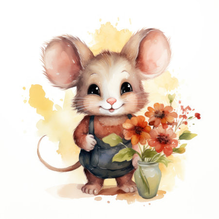 Adorable Mouse with Flower Watercolor Clipart AI Generatedの素材