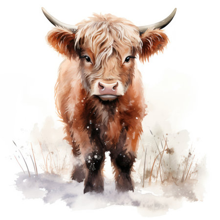 Adorable Baby Highland Cow with Snow on its Nose in a Frosty Field AI Generatedの素材