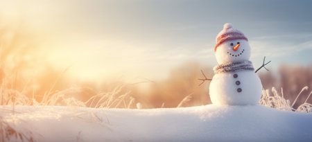 Snowman Sitting on a White and Blue Snowman Background AI Generatedの素材