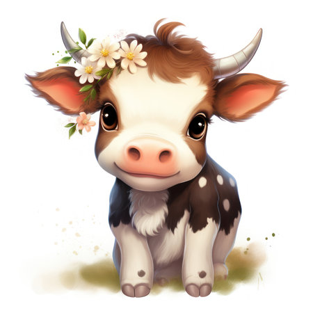 Adorable Baby Cow with Flower Crown Clipart on White Background AI Generatedの素材