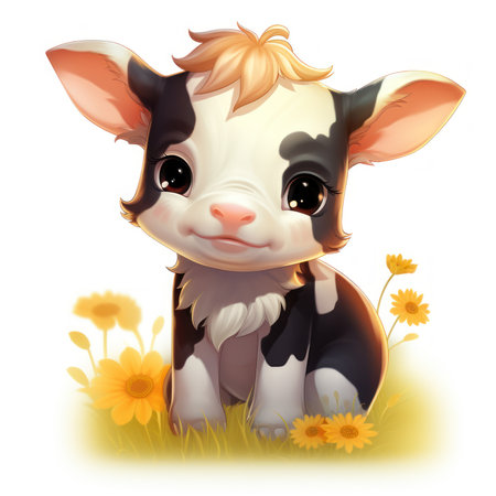Adorable Baby Cow with Minimalist Sunflowers - Cartoon Style Clipart AI Generatedの素材