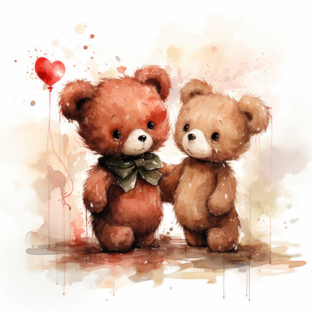 Cute Fluffy Love Watercolor Clipart on White Background AI Generatedの素材