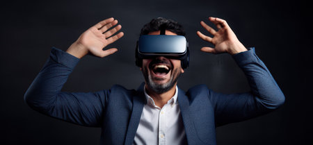Happy Young Man Trying on Virtual Glasses AI Generatedの素材
