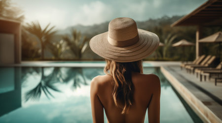 Young Woman Wearing Hat Looking Out Over Pool AI Generatedの素材