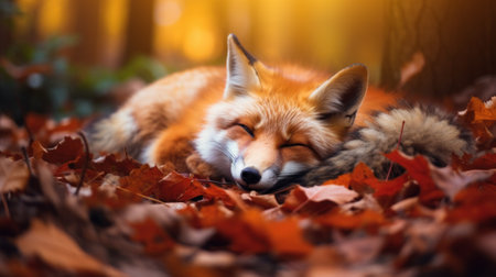 Fox Taking a Nap on a Carpet of Fallen Leaves AI Generatedの素材