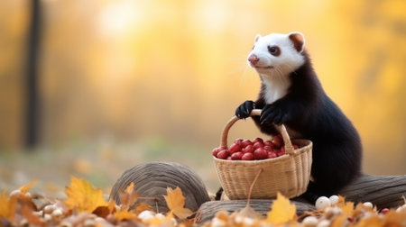 Cute Ferret Harvesting Sweet Potatoes in Calm Autumn AI Generatedの素材