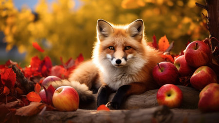 Lovely Fox enjoying an Autumn Apple Harvest AI Generatedの素材