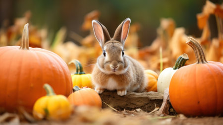 Adorable Rabbit in an Autumn Harvest Pumpkin Patch AI Generatedの素材