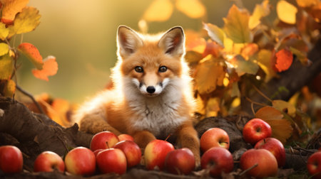 Autumn Fox Enjoying a Mild Harvest Day AI Generatedの素材