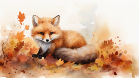 Cozy Fox Resting on a Colorful Carpet of Fallen Leaves AI Generatedの素材