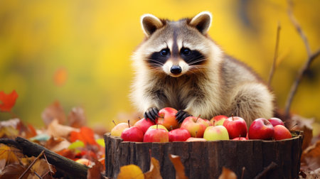 Adorable Raccoon Harvesting Pears in Calm Autumn AI Generatedの素材