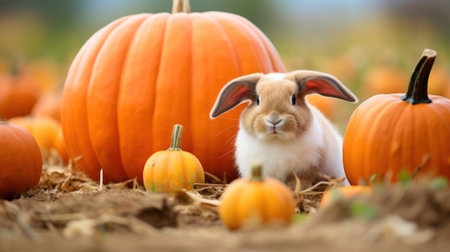 Adorable Rabbit in Autumn Harvest Pumpkin Patch AI Generatedの素材