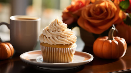 Delicious Pumpkin Pie Cupcake on a Beautiful Scene AI Generatedの素材