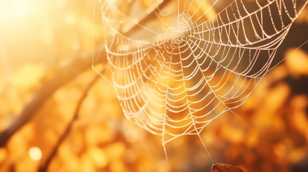 Intricate Spiderweb in Autumn AI Generatedの素材