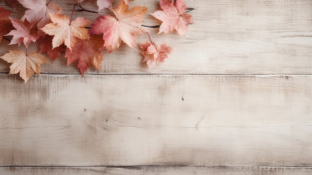 Rustic Maple Leaves on Shabby Chic Wood Background AI Generatedの素材