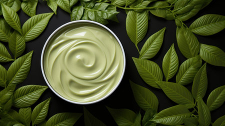 Top View of a Jar with White Skin Care Cream at Green Background AI Generatedの素材
