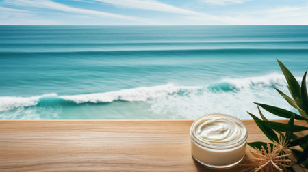 Top View of Skin Care Cream Jar at Ocean Waves AI Generatedの素材