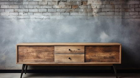 Rustic Wooden Cabinet in Front of Blank Wall AI Generatedの素材