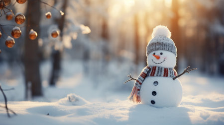 Cinematic Photography of a Cute Snowman in Beautiful Winter Landscape AI Generatedの素材