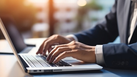 Close-up Of Businessman Typing On Laptop Computer AI Generatedの素材