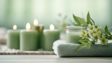 Close-Up Photography of Spa with Sage Green Theme AI Generatedの素材
