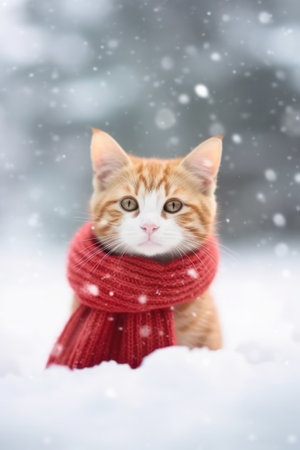 Adorable Cat in Snow with Santa Hat and Scarf AI Generatedの素材