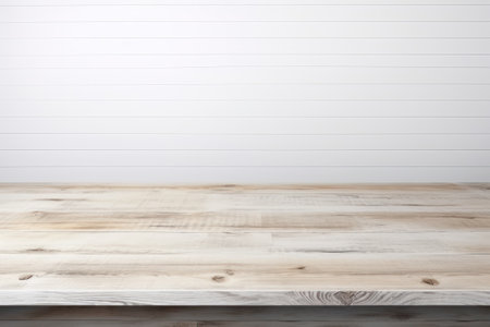 Minimalist White Kitchen with Blurred Wooden Tabletop AI Generatedの素材