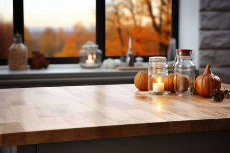 Blurred White Kitchen with Empty Rustic Wooden Tabletop AI Generatedの素材