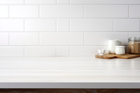 Minimalist White Kitchen with Blurred Wooden Tabletop AI Generatedの素材