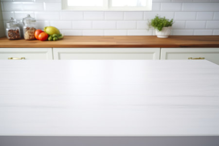 Minimalist White Kitchen with Blurred Wooden Tabletop AI Generatedの素材